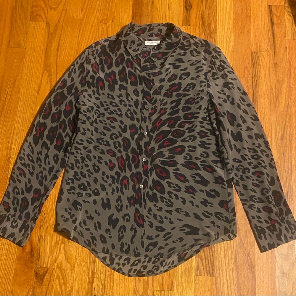 Equipment Femme 100% Silk Lucinda Tunic Length  Blouse Size M Grey/Fuchsia EUC